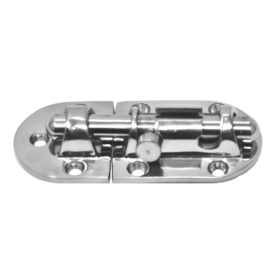 Transom bolt / barrel bolt 3 1/2 x 1 1/2 inch; 316 stainless steel Overall: 89 X 39 X 17 mm;  4 3/8"” x 1 12" x 3/4"; Throw: 1”