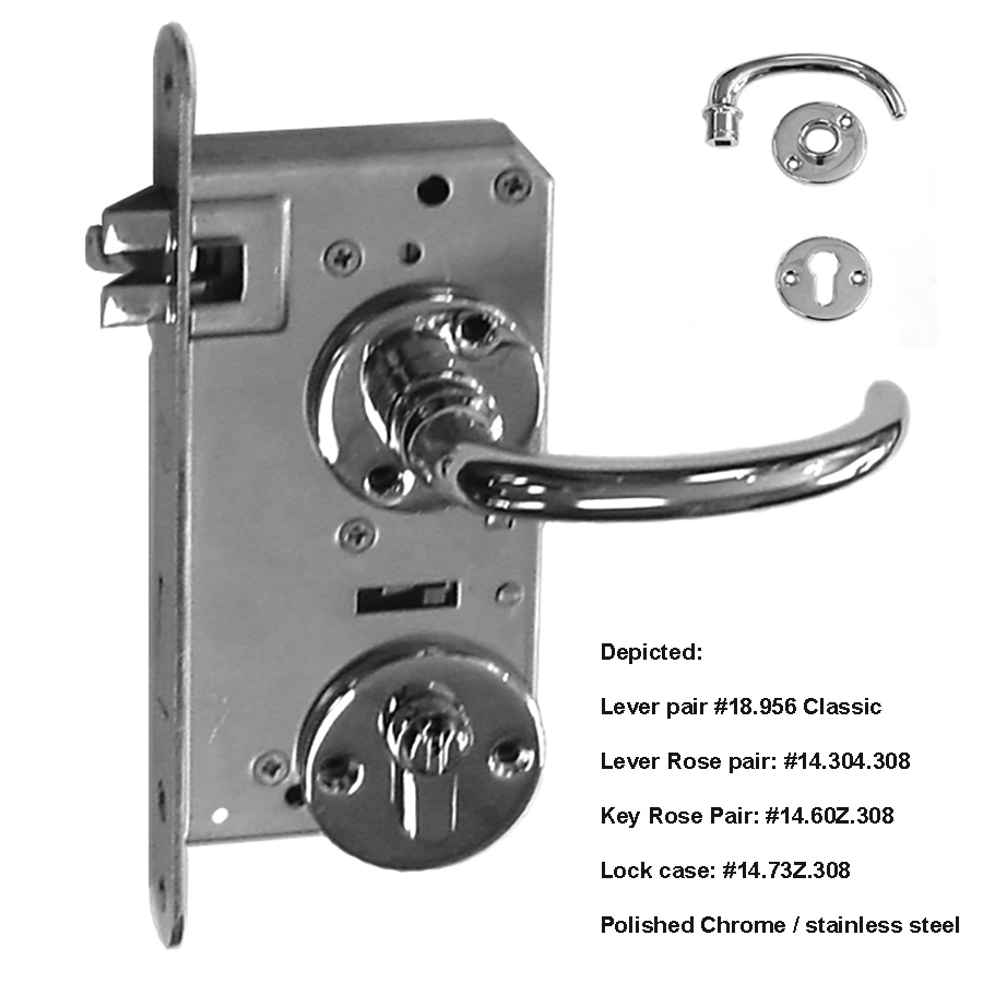 Entry Mortise Lock SET 55 mm backset with Roses. GSV Schwepper and S&B. Polished Stainless Steel  and Polished Chrome