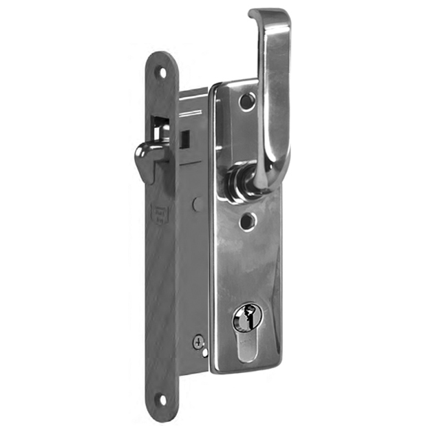 - Sliding Door Lock with 55 mm. Backset Minimum door Thickness 1 1/4 inch. GSV Schwepper and S&B style. Complete Set