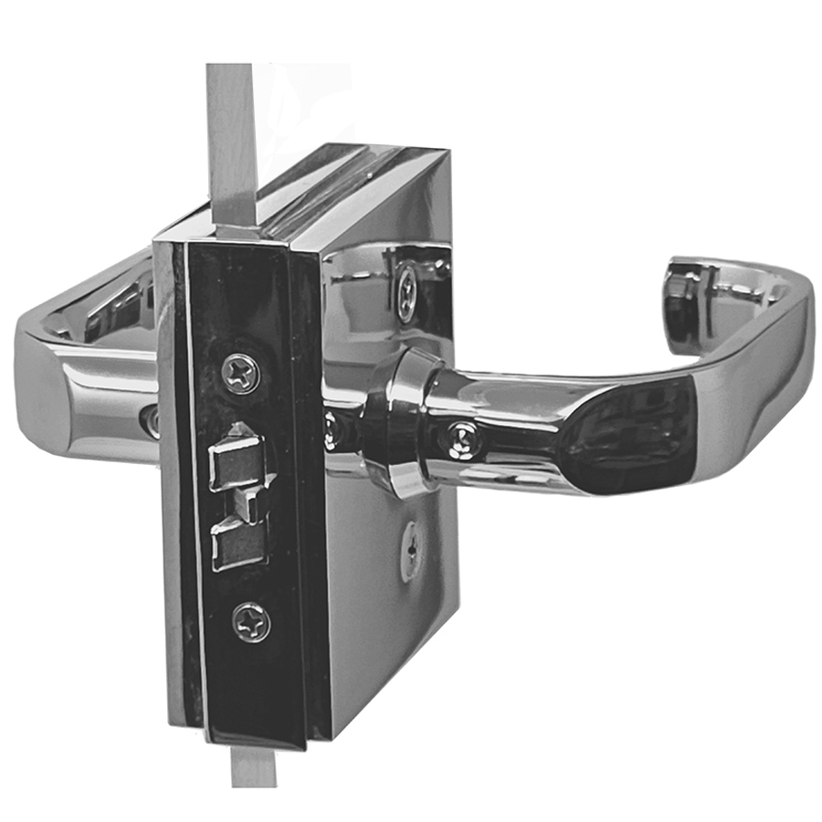 Glass Door Latch with Strike Plate SET with Levers for Wood Frame. Polished Chrome.