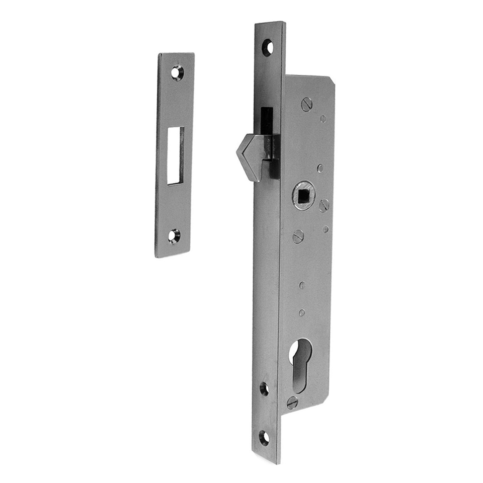 Sliding Door Lock with 22 mm backset. For Narrow Style Framed Doors. Minimum Door thickness 1 1/2 inch. Lock Mechanism only