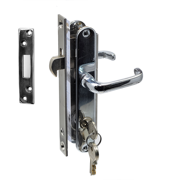 Sliding Door Lock with 22 mm backset. Minimum Door Thickness 1 inch. Complete Set