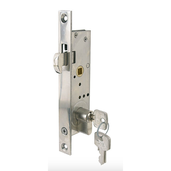 Sliding Door Lock. 22 mm backset. Entry Model. Polished Stainless Steel 