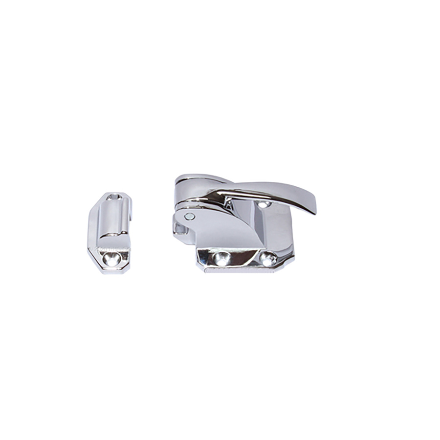 A Small Latch for small overlay doors-type 2 3/4 x 1 7/8 inch. Chrome Plated Die Cast Zinc