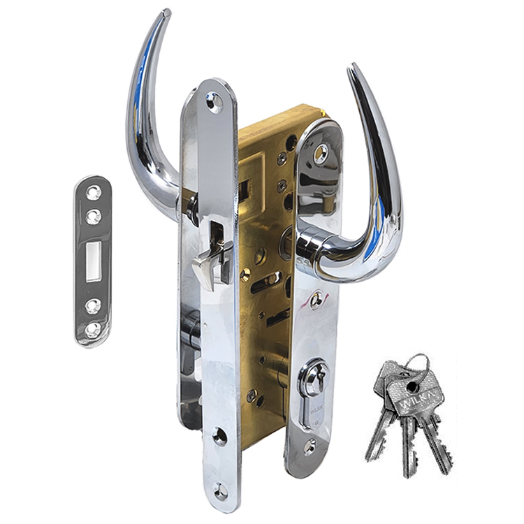 Sliding Entry Mortise Lock with 40 mm backset. Minimum Door Thickness 7/8 inch. Complete Set